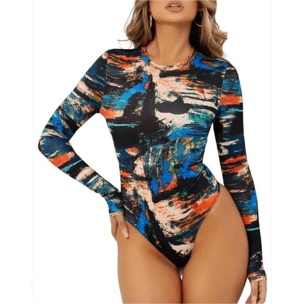 Shein abstract print crewneck long sleeve cheeky bodysuit sz M